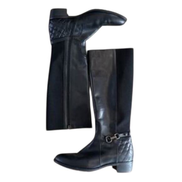 Aquatalia Oralie Black Knee-High Stretch Leather Riding Boots Side Zip Quilted 8 - Picture 1 of 10